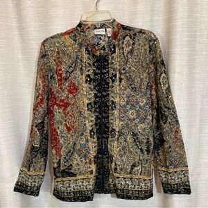 Chico's Black and Gold Evening Jacket with Ornate Design